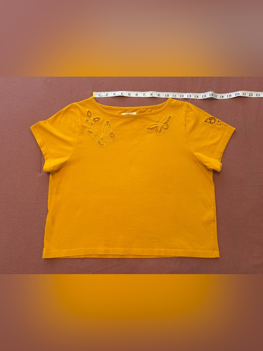 Women's Mustard Yellow Butterfly Cutout Short Sleeve Top - Picture 14 of 15